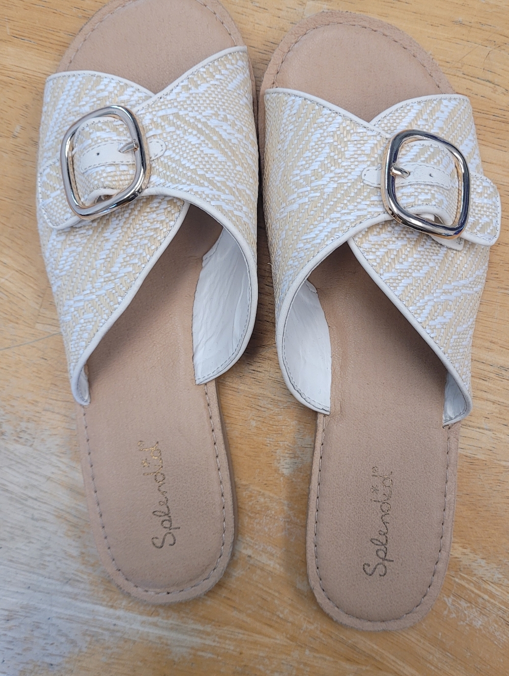 Woven Slide Sandals Cream Tan White Gold Buckles Splendid 8.5